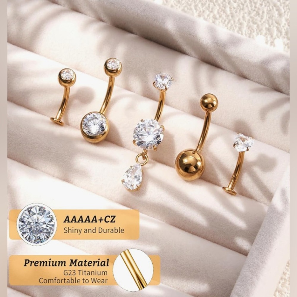 G23 Titanium Belly Button Ring Set – Gold CZ – 5pcs – 10mm Standard – New✨💎